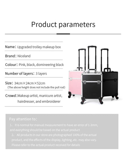 TravelRolling Makeup Train Case Large Capacity Cosmetic Trolley, Aluminum Professional Travel Case with Key