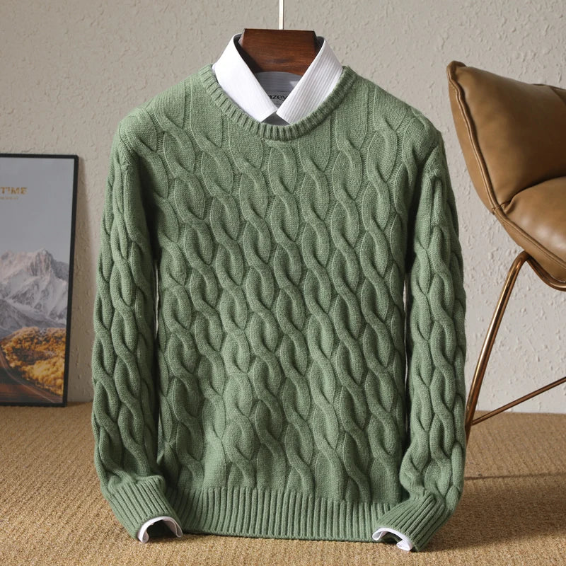 Autumn Winter Thickened Cashmere Sweater 100% Merino Wool Men's Top O-Neck Twisted Pullover Knitted Loose Long Sleeve Sweater.