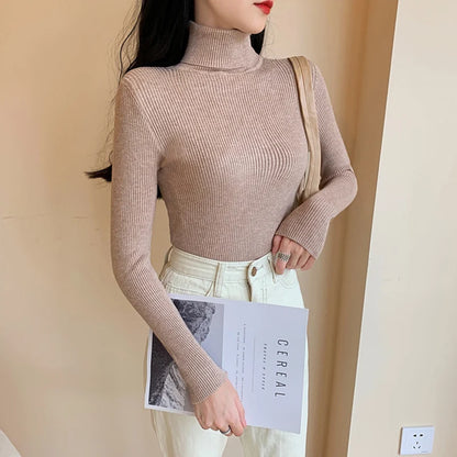 2023 herbst Winter Frauen Langarm Gestrickte Foldover Rollkragen Rippen Pull Pullover Weiche Warme Femme Jumper Pullover Kleidung