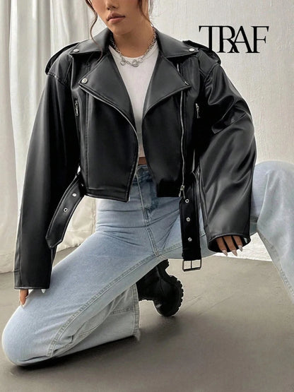TRAF Damen Vintage lose Lederjacke Gürtel Schulter Abzeichen Zip Revers Jacke Handsome Washed Leder Motorrad Kleidung