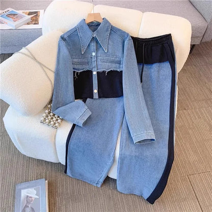 Two Piece Sets Women Pant Set Denim Splice Matching Sets Spring Top Wide Leg Long Pants Casual Loose Lace Up High Waist Jogger.