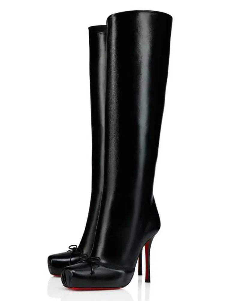 European and American Fashion Niche High-heeled Square Toe Side Zipper Knee High Bow Boots Women's Versatile Banquet Shoes.