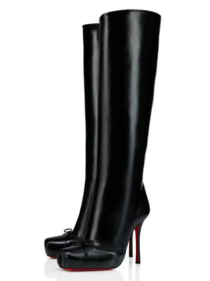 European and American Fashion Niche High-heeled Square Toe Side Zipper Knee High Bow Boots Women's Versatile Banquet Shoes.