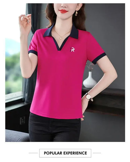 Women's Slim Fit Polo Shirt Short Sleeve T-Shirt Casual Sporty Loose Fashionable Summer Top Turn-down Collar Comfortable.