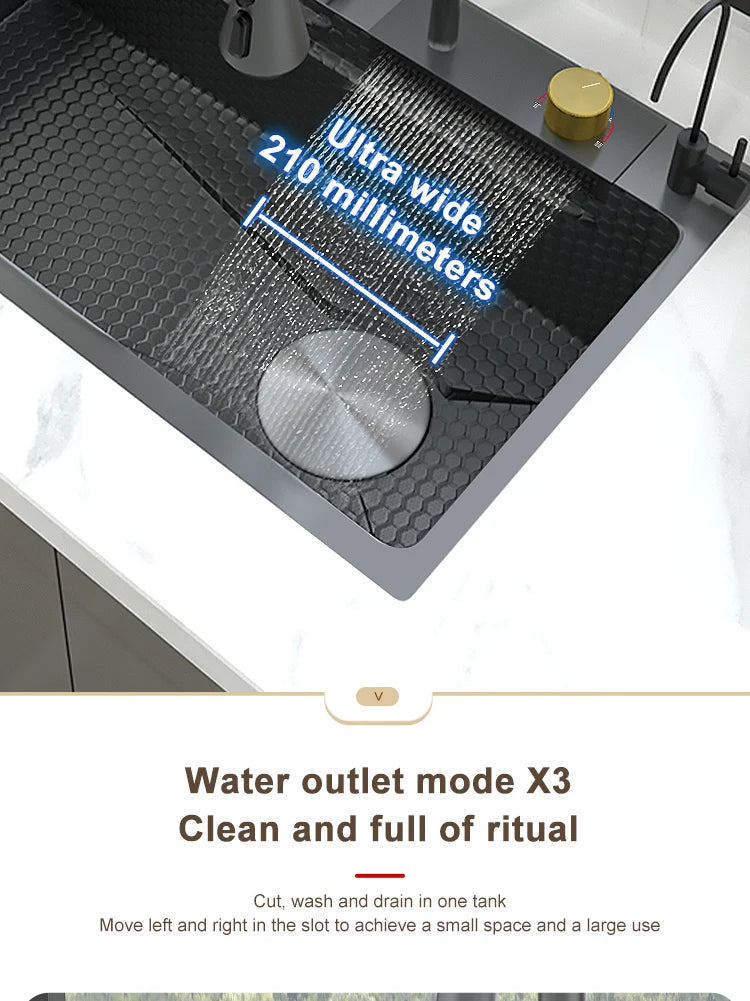Waterfall Sink Kitchen Stainless Steel Topmount Sink Embossed Large Single Slot Wash Basin With Multifunction Tank Low Price