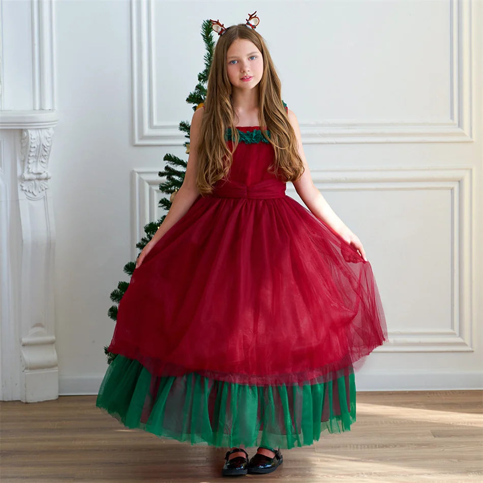 Mädchen Rot Grün Weihnachten Ballkleid Kinder Hochzeit Ball Party Abendkleid Prinzessin Vestido Kinder Karneval Leistung Kleidung.
