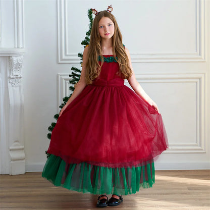 Mädchen Rot Grün Weihnachten Ballkleid Kinder Hochzeit Ball Party Abendkleid Prinzessin Vestido Kinder Karneval Leistung Kleidung.