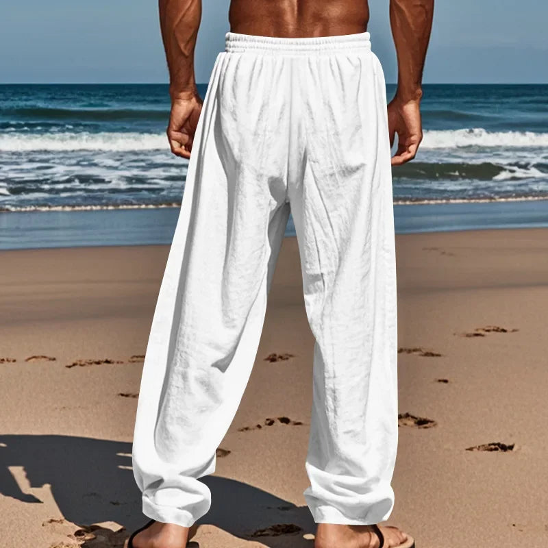 Frühling Sommer Dünne männer Casual Leinen Hosen Strand Stil Kordelzug Gerade Bein Lange Hosen Hochwertige Bequeme Passform.