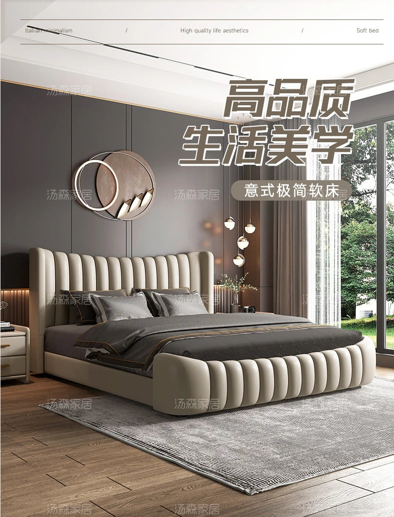 Hohes Kopfteil, Doppelbettgestell, schlichtes Holz, elegantes Queen-Size-Bett, Einzelbettgestell, Nachttische, Aufbewahrung, Cama Moderno Lujo-Möbel