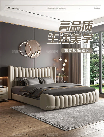 Hohes Kopfteil, Doppelbettgestell, schlichtes Holz, elegantes Queen-Size-Bett, Einzelbettgestell, Nachttische, Aufbewahrung, Cama Moderno Lujo-Möbel