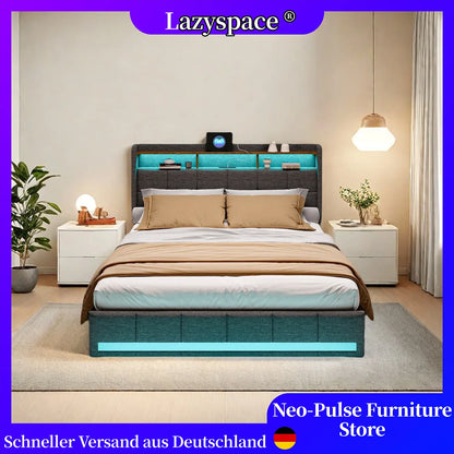Lazyspace Bettgestell aus Leinen mit Stauraum, gepolstertes Bett mit 4 Schubladen, LED-Licht und USB-Aufladung vom Typ C, Schlafzimmermöbel