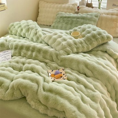 Luxury Faux Rabbit Fur Velvet Fleece Plush Soft Warm Bedding Set Super Comfortable Duvet Cover Set Blanket Bed Sheet Pillowcases