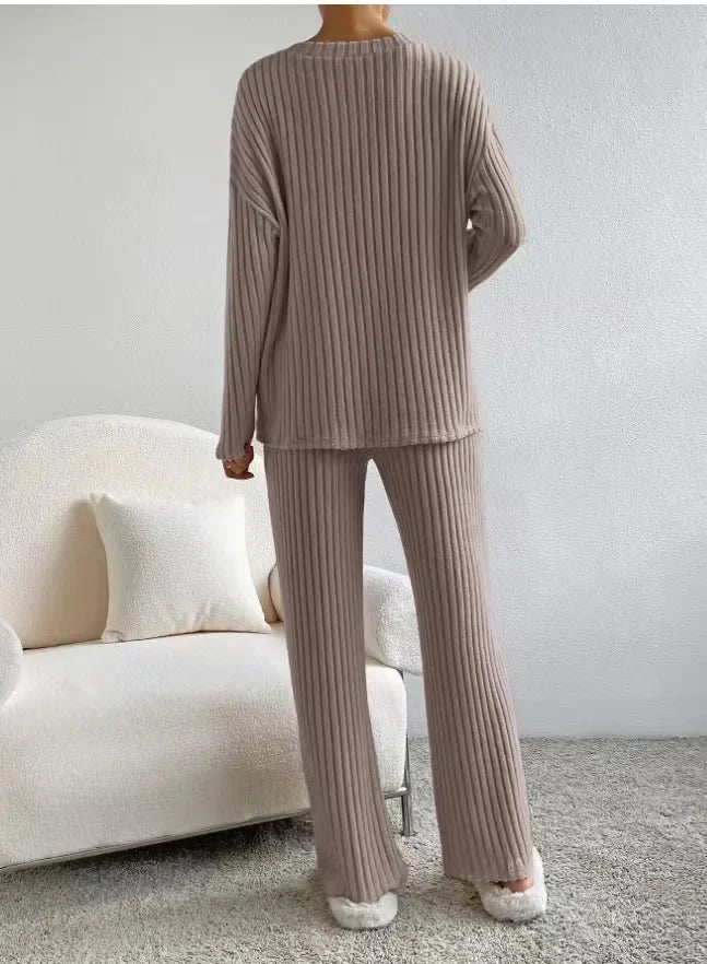 Women's Pajamas Autumn Winter New Casual Straight Pants Pullover Sleepwear Loose V Neck Knitted Home Wear Two Piece Loungewear.
