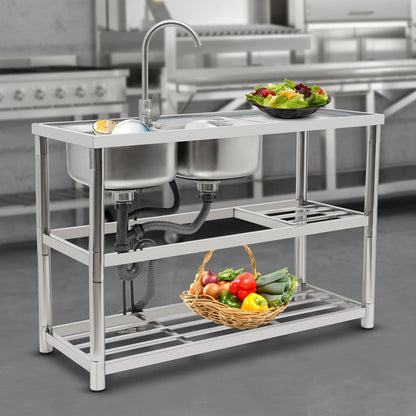 Dual Sink Stainless Steel Sink, Large Capacity, 360° Rotating Faucet, Raised Edges, Layered Filtration for Kitchens