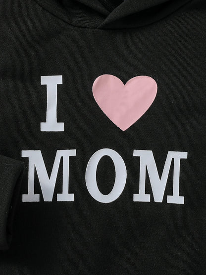 2-Piece Set Baby Girl Fall Casual Black Printed Letter &Heart Pure Color Long-Sleeved Hooded Sweatshirt &Pants Suit Clothes.