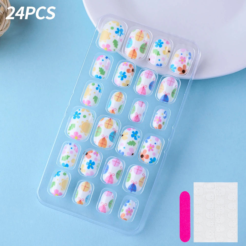 24Pcs/box Kids nails for Girl Cartoon Pattern False Nail Cute Child Fake Nails Tips Kawaii Acrylic Artificial Press on Nail+Tool