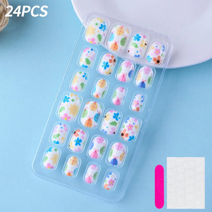 24Pcs/box Kids nails for Girl Cartoon Pattern False Nail Cute Child Fake Nails Tips Kawaii Acrylic Artificial Press on Nail+Tool