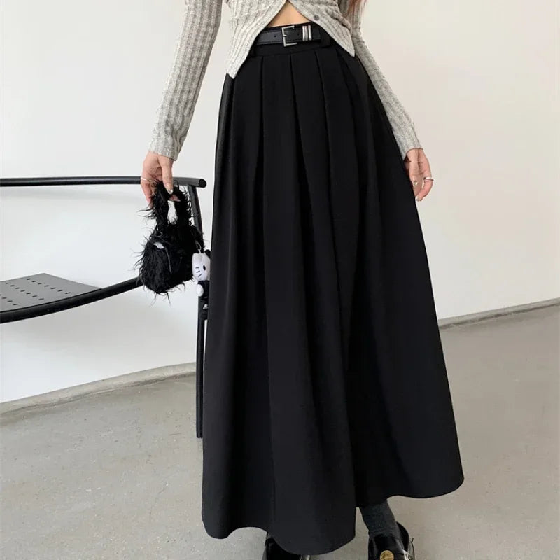 2024 New Korean Skirt Women Solid Color Versatile Mid-length Pleated Skirt Large Swing Type Skirt Female Long Skirts for Women.