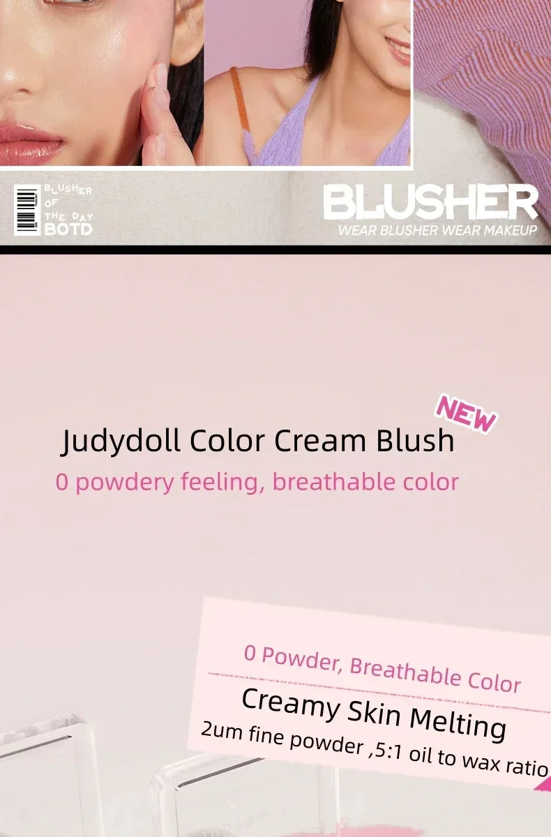 Judydoll Monochrome Blush Portable Silky Cream Multipurpose Blusher Eyeshadow Nude Natural Brighten Skin Tone Makeup Cosmetics.
