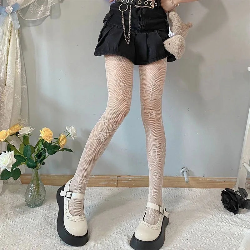 Female Vintage Fishnet Lace Pattern Tights Hollowed Rhombus Striped Geometric Jacquard Pantyhose Anti-pilling JK woman Legging