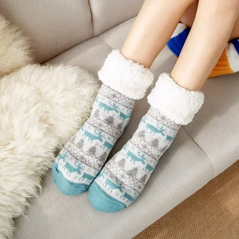 Fuzzy Fluffy Sock Women Winter Christmas Gift Warm Plush Non slip Home Sleeping Soft Female Floor Thermal Slipper Sock Snowflake