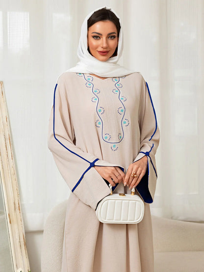 Beige Abaya Embroidered with Blue Patterns on Neckline Sleeves with Trim for Middle East Daily Wear Islamic Festivities Ramadan.