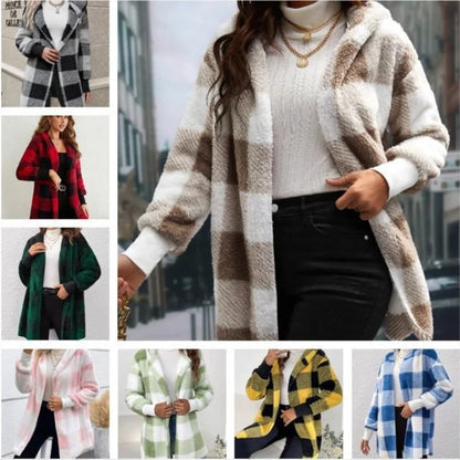 Frauen Herbst Winter Doppel Fleece Plaid Strickjacke Weiche Lose Lange Hülse Plüsch Warme Mit Kapuze Jacke Weibliche Patchwork Oberbekleidung Mantel.