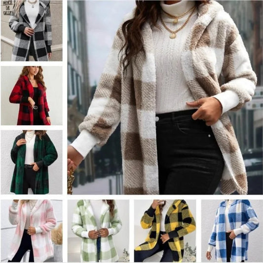 Frauen Herbst Winter Doppel Fleece Plaid Strickjacke Weiche Lose Lange Hülse Plüsch Warme Mit Kapuze Jacke Weibliche Patchwork Oberbekleidung Mantel.