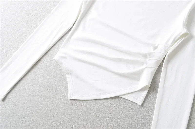 Slim Fit Long Sleeve T-Shirt Women's Shoulder Bared One-Shoulder Design Crease Asymmetrical Pure Desirable Spicy Girl Style