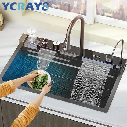 YCRAYS White Nano Kitchen Sink Large Single Slot Waterfall Integrated Digital Display Faucet Soap Dispenser Cup Washer Pure Tap