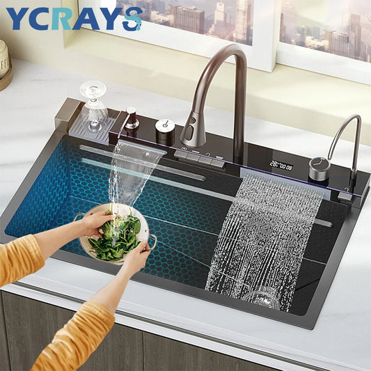 YCRAYS White Nano Kitchen Sink Large Single Slot Waterfall Integrated Digital Display Faucet Soap Dispenser Cup Washer Pure Tap