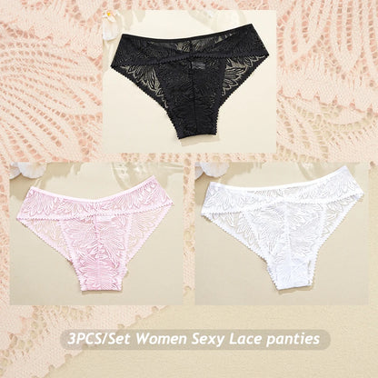 3PCS/Set Women Lace Panties Sexy Low Riase Elastic Brifes Solid Color Perspective Breathable Underwear Ladeis Sexy Lingerie