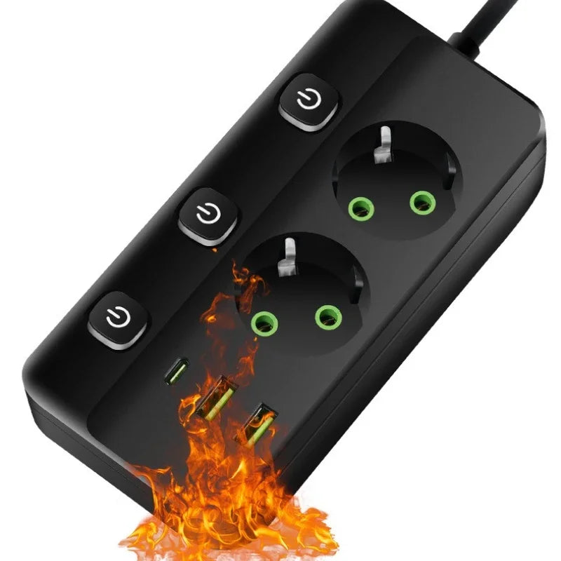 EU-Stecker-Steckdosenleiste, 2/3/4/5 Positionen, unabhängige Steuersteckdose mit 2 USB-Anschlüssen, 1 Typ-C-Anschlüsse, 2 m Verlängerungskabel, Steckdosen.