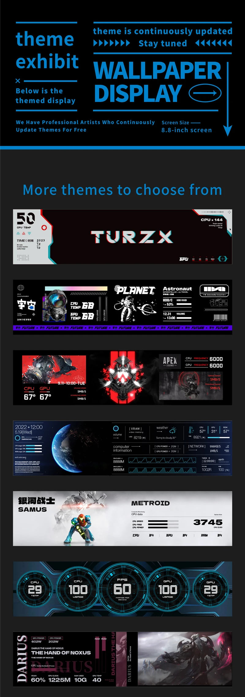 TURZX 8.8 Inch USB Secondary Screen Type-C Desktop Extended Display TF Card Play 1920*480 IPS LCD CPU RAM GPU Monitor NO AIDA64.