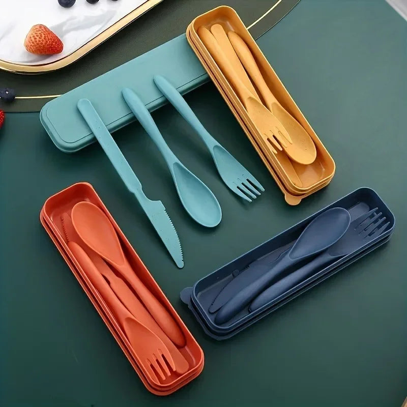 3In1 Portable Cutlery Set Reusable Home Travel Utensil Set Fork Spoon Knife with Box Dinnerware Set Picnic Camping Tableware.