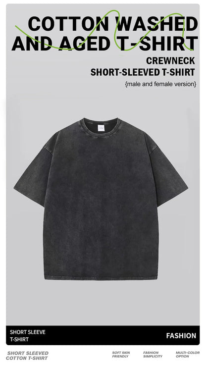 American Style Retro Heavyweight Solid Color Short Sleeved T-shirt Men Women Summer Street Trendy Washed Old Oversized Clothes.
