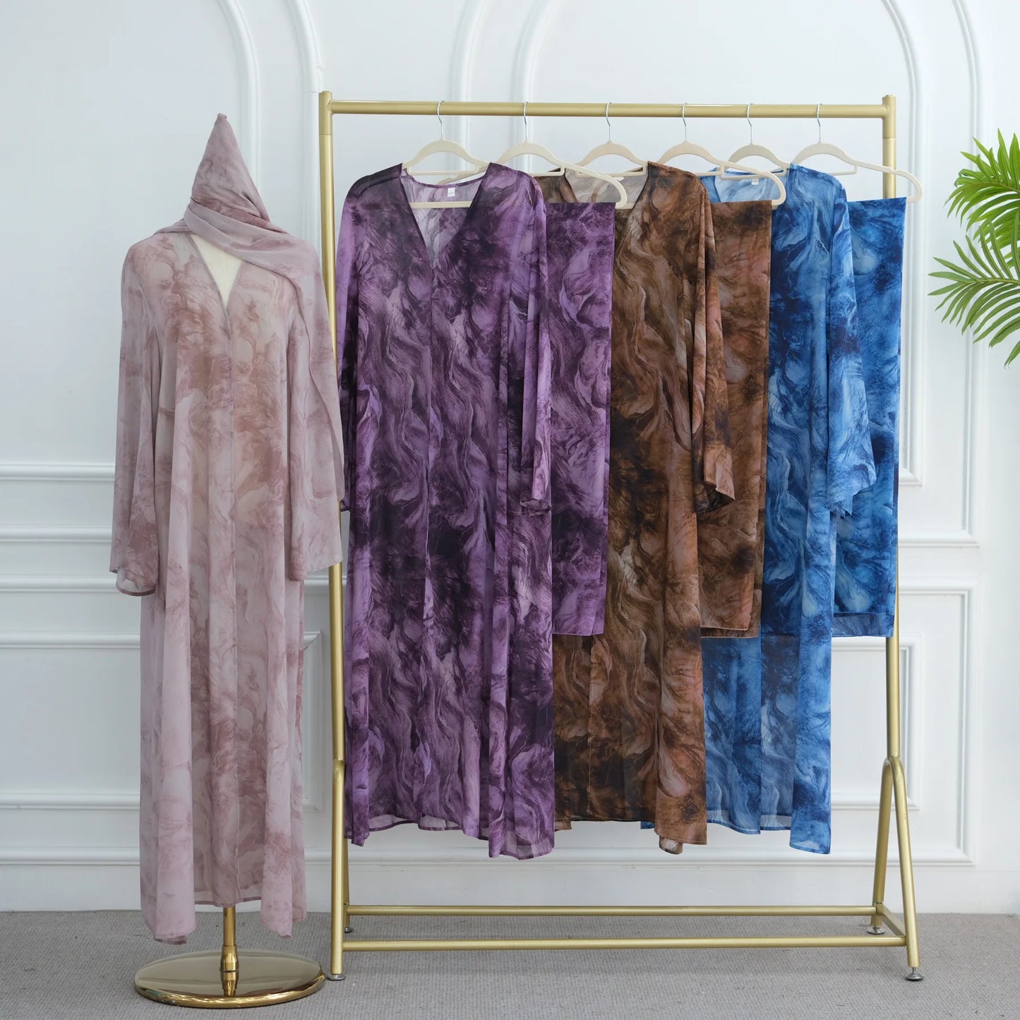 Uni Abaya Dubai 2025 Marble Print Hijab Abaya 2 Piece Set Chiffon Summer Modest Dresses Open Abaya Islamic Clothing.