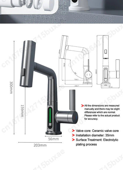 Waterfall Pull Out Kitchen Faucet White Intelligent Digital Display Cold Hot Mixer Taps Rotatable Sink Lifting Basin Faucet