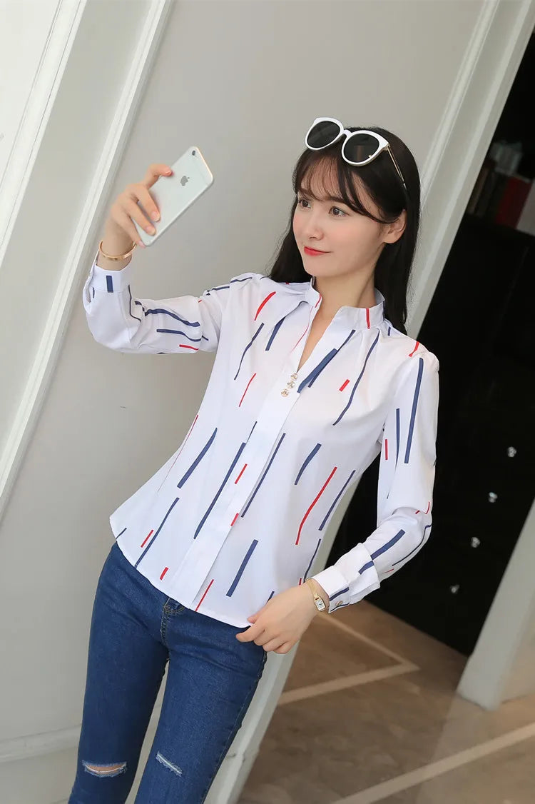 Stripe Women Blouse Fashion Standing Collar Women's Shirt Long Sleeved Shirts and Blouses Printing Ladies Tops Basic Womens Tops.