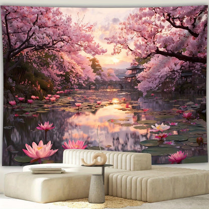 1pc Extra Large Japanese Cherry Blossom Sunset Tapestry - Pink Floral Lakeside Wall Hanging with Lotus Flowers, HD Printed Wrink.