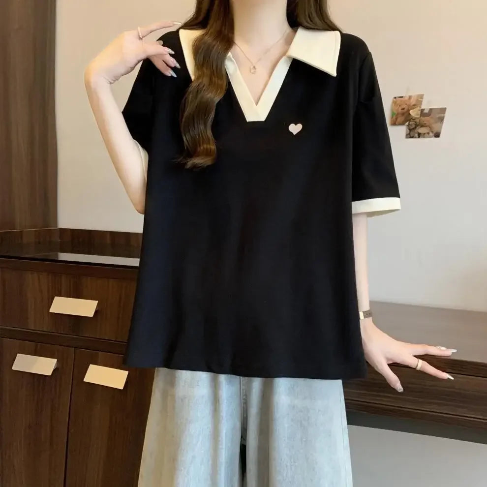 Plus Size Slimming Embroidered Polo Shirt plus Size American Style Base Layer T-Shirt College Fashion Anti-Aging Big MM Cotto....