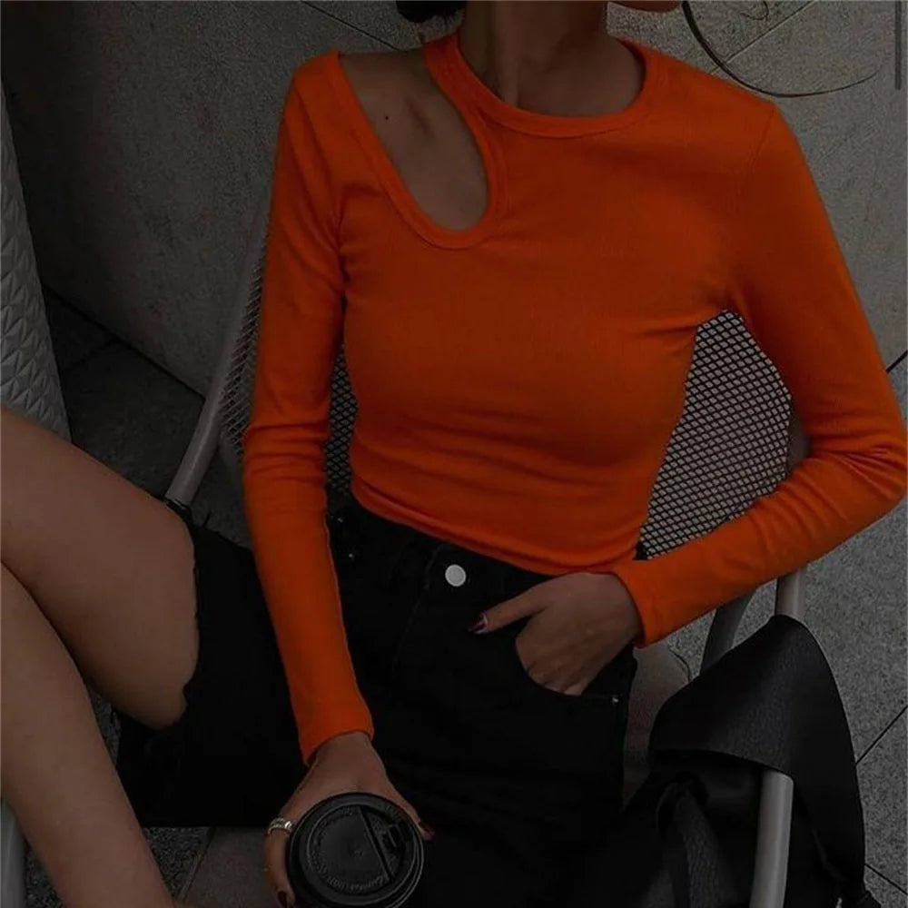 Autumn Winter Ribber Knitted T Shirts Women Green Spring Cut Out White Basic Long Sleeve Crop Tops Casual Tees.