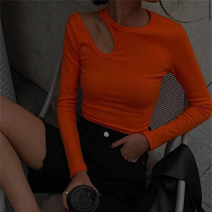 Autumn Winter Ribber Knitted T Shirts Women Green Spring Cut Out White Basic Long Sleeve Crop Tops Casual Tees.