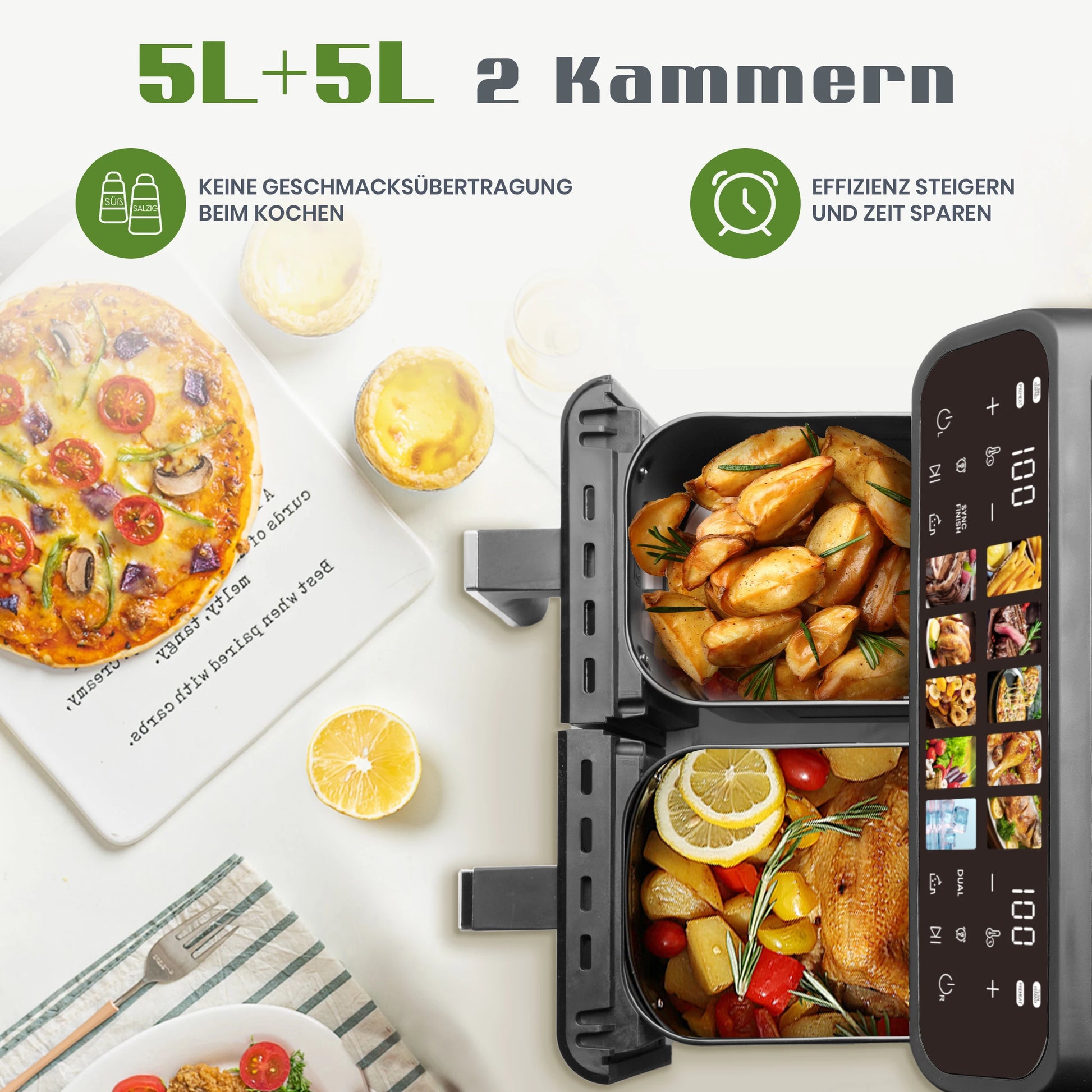 10L Multi Function Dual Basket air fryers Smart machine Viewing Window Electric Hot fryer Oilless Cooker with LED Touch Control.