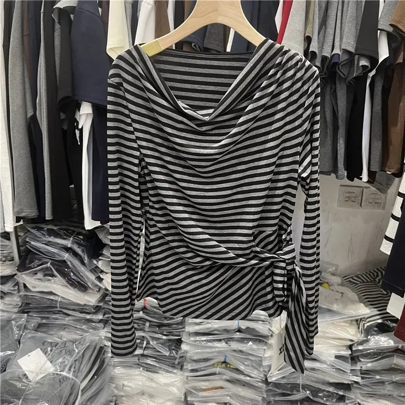 Women's Long Sleeve Striped T-Shirt Shoulder Baring Side Tie Base Shirt Versatile Autumn Fashion Design Cotton Top.