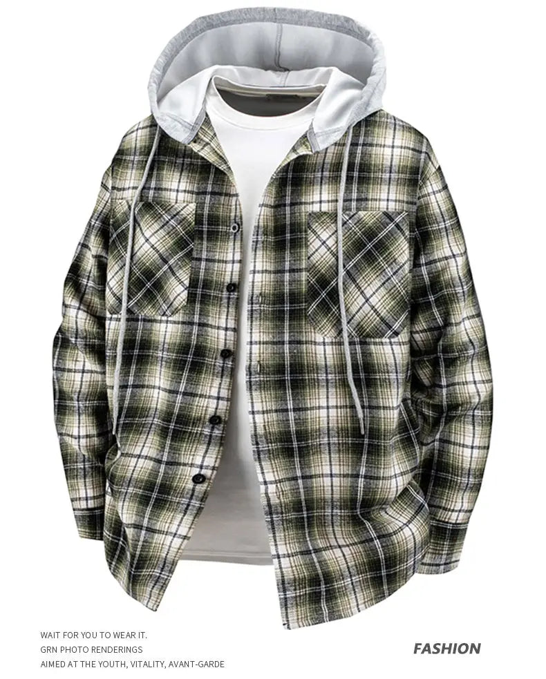 Hooded men's and women's wearable plaid shirts, Japanese shirt jackets for spring and fall, loose-fitting long-sleeve jackets..