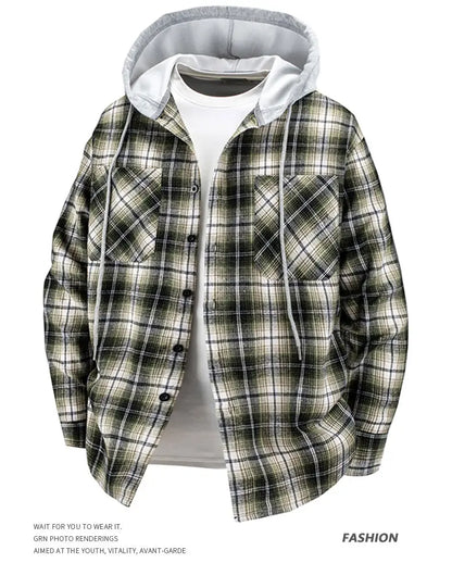 Hooded men's and women's wearable plaid shirts, Japanese shirt jackets for spring and fall, loose-fitting long-sleeve jackets..