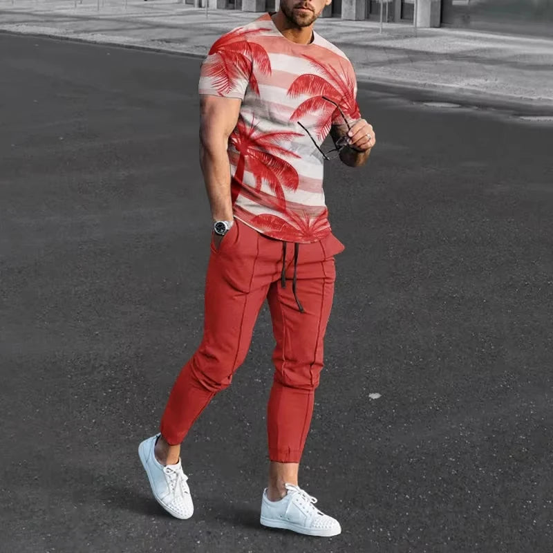 Spring Men Short T-shirt Trousers Suit 3D Printed Newest Retro Casual Men T-shirt Trousers Suit Man Short Sleeve Long Pants Sets.