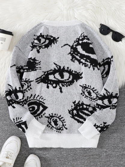 New Popular Autumn and Winter Abstract Eye Jacquard Pattern Pullover Sweater Casual Round Neck Knitted Men's Pullover.