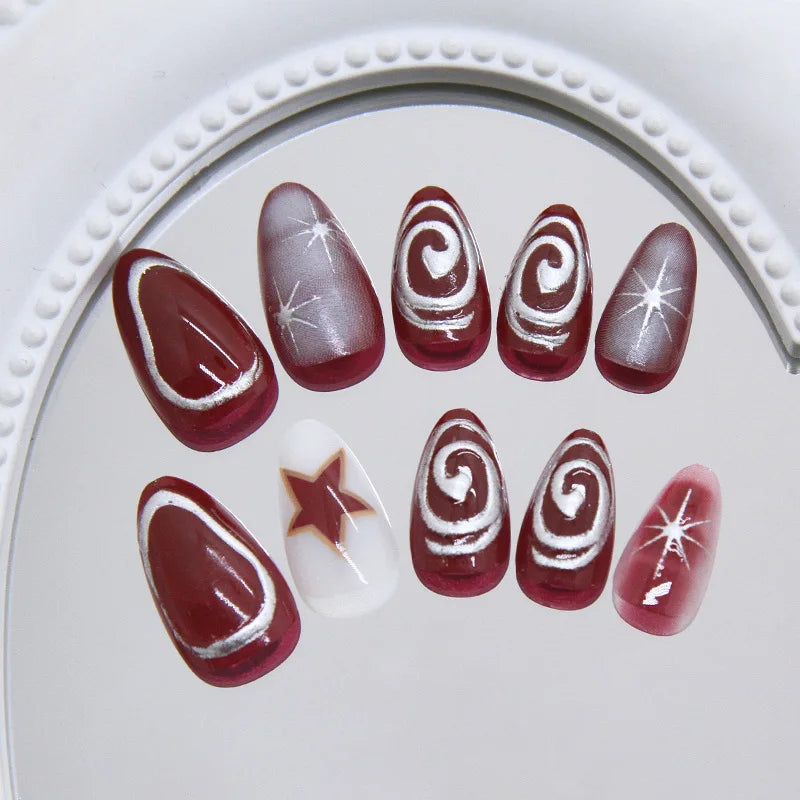 24pcs Red Star Print Fake Nails Sweet Cool Short Almond Press on Nail for Women Wearable Detachable Ins Spice Girl False Nails.